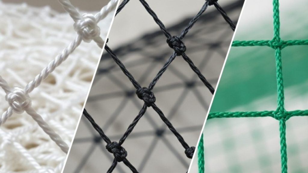 Comparison of three types of safety nets: Polyamide (white), Polyethylene (black), and Polypropylene (green).