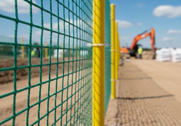 Rede de delimitação de zonas, de polipropileno verde, instalada em postes amarelos num local de obras.