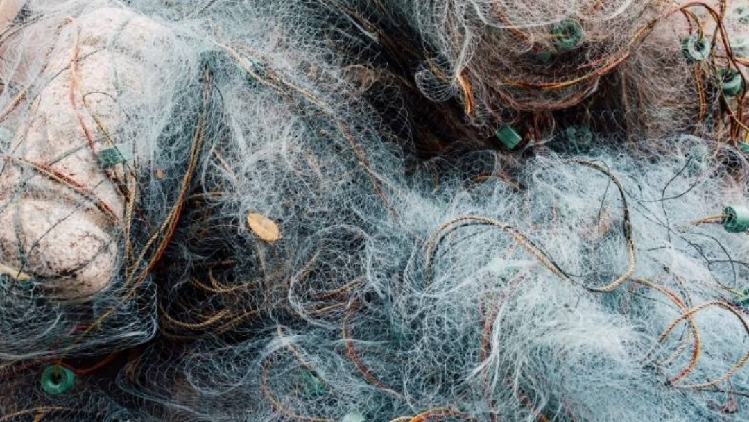 Top-down view of a large pile of tangled blue and brown fishing nets.